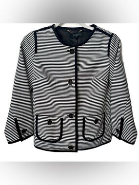 Talbots Petites Striped Jacket 2P Black White Chanel Style Blazer Gold Button